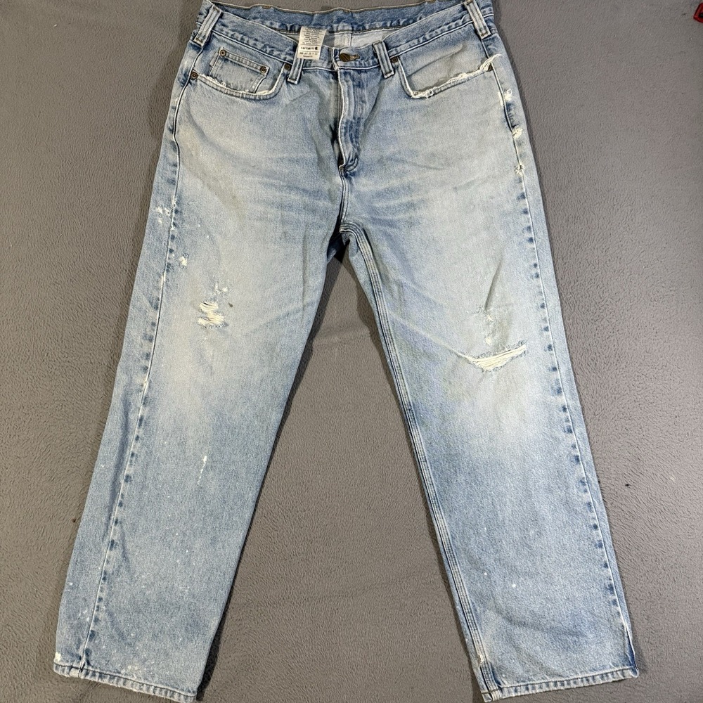 Carhartt Mens 38×30 Blue Jeans 100% Cotton Relaxed Fit Med Wash Zip Distressed